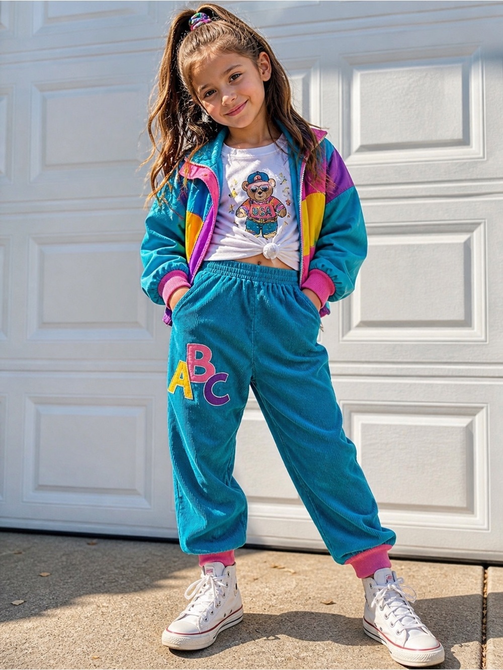 Vintage 90s Kids Teal Corduroy Jogger Pants ABC Patch Size 6X Girl Retro